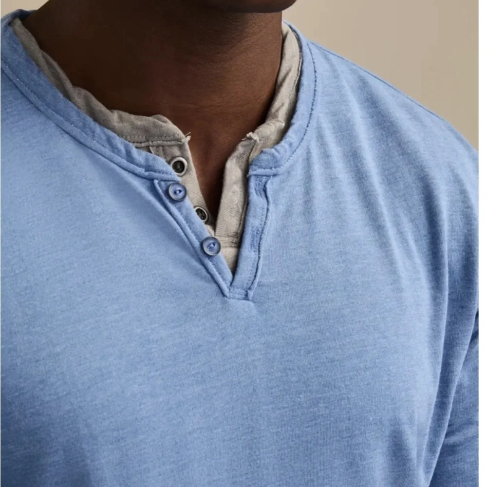 NWT Lucky Brand Mens Heather Blue Venice Burnout Notch Neck Long Sleeve Size S - Picture 3 of 13